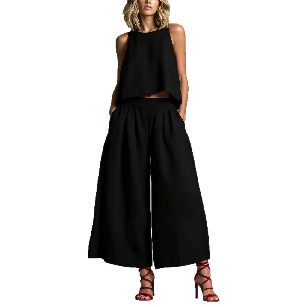 Loose Laid-back Linen Vest And Wide-leg Pants Set