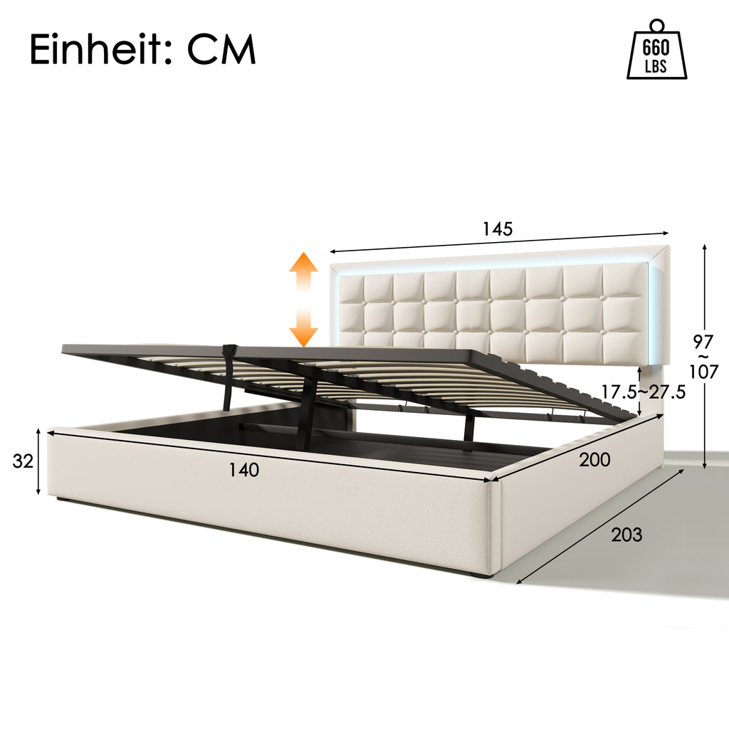 Upholstered Bed With Slatted Frame And Storage Space Double Bed Incl. LED Lighting Strip Bed Frame 140x200cm, Storage Bed Functional Bed Cover Made Of Imitation Leather White