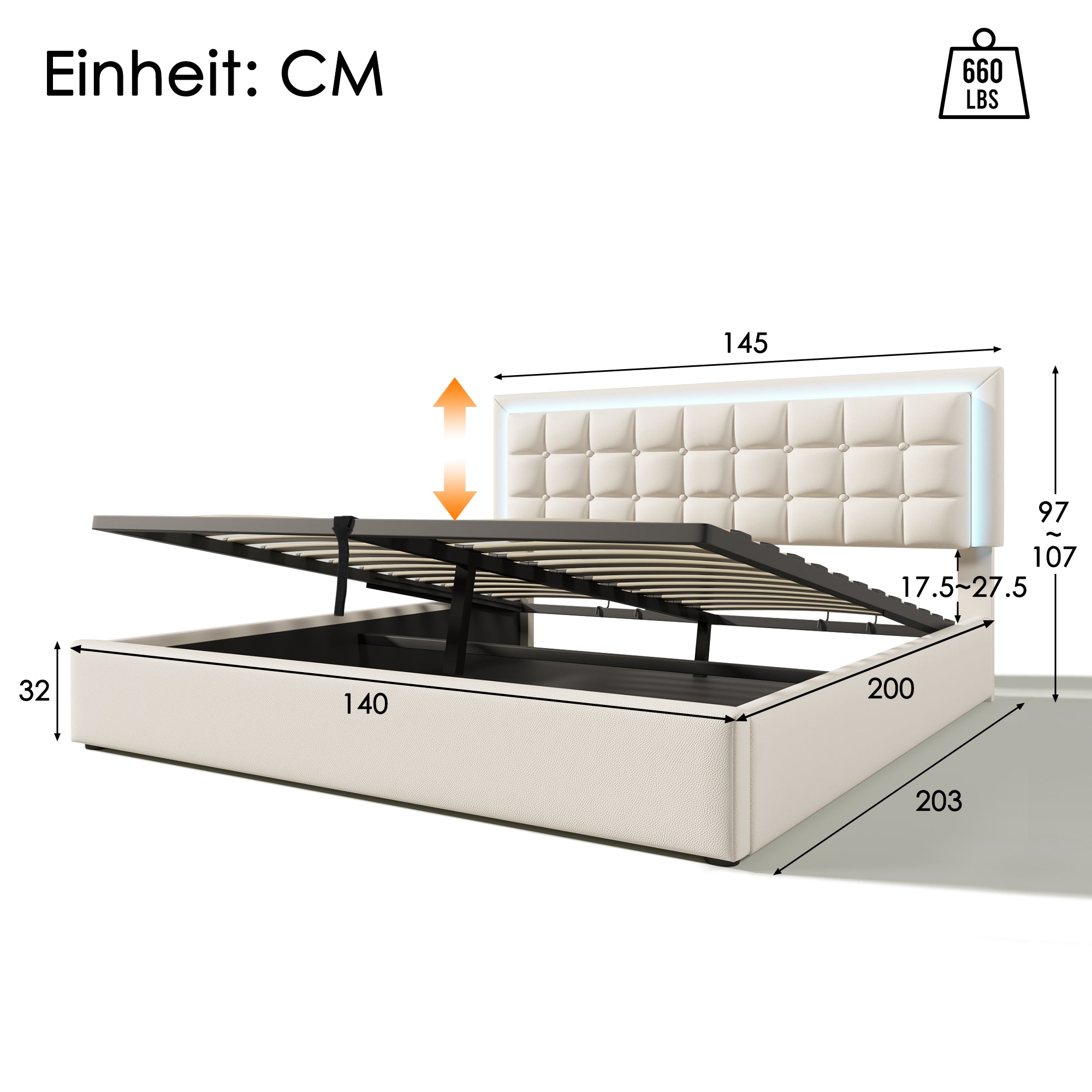 Upholstered Bed With Slatted Frame And Storage Space Double Bed Incl. LED Lighting Strip Bed Frame 140x200cm, Storage Bed Functional Bed Cover Made Of Imitation Leather White