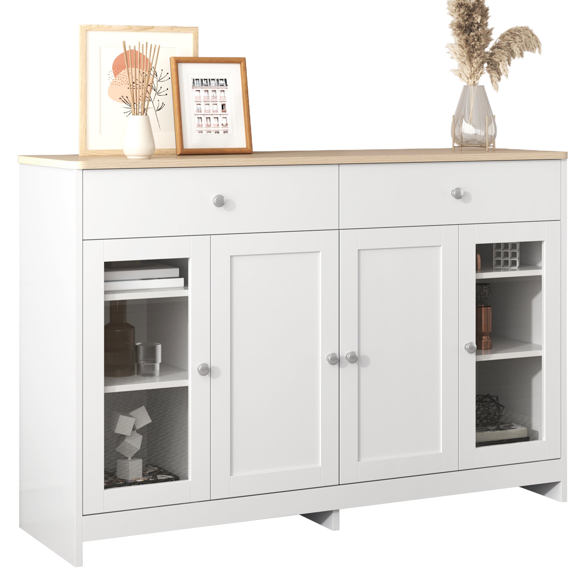 Sideboard With White Wood Grain, Four Doors, Two Drawers, And Glass-fronted Doors. Suitable For Living Room And Dining Room. Wood Finish And White.