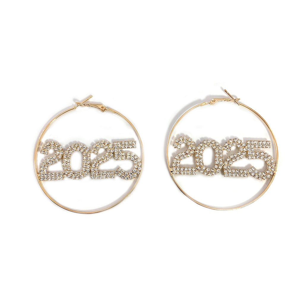 1 Pair Ring Earrings Fashion Full Rhinestone Digital Earrings Copper Material New Year Party Jewelry Accessories