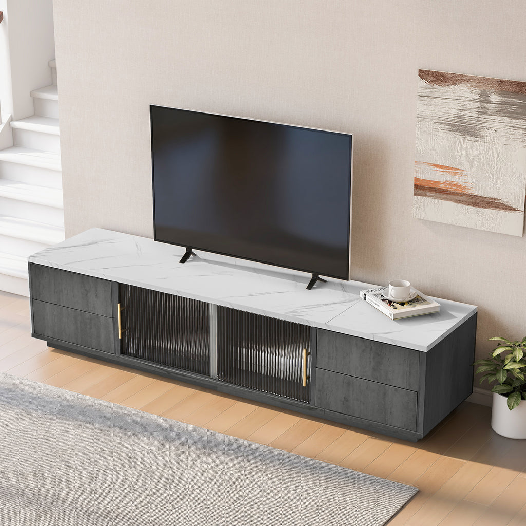60cm Deluxe TV Stand For 70 TV - Stylish Grey, Marbled Table Top, Cable Management, Drawers With Push-to-Open Funold