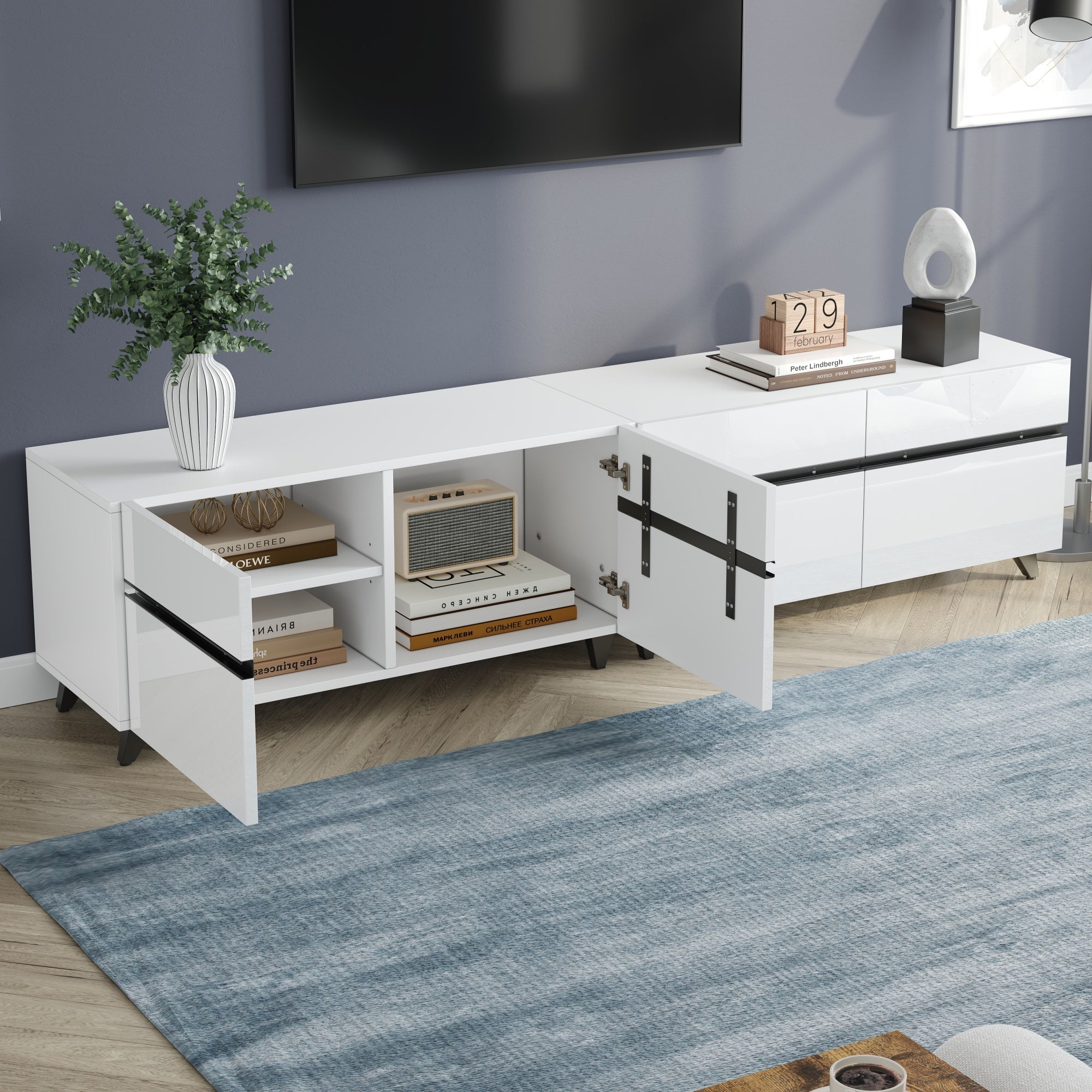 180X40X49cm TV Cabinet,High Gloss TV Cabinet, Lowboard With 4 Cabinets And Adjustable Dividers,Living Room Cabinet With 8 Table Legs, Recommended Load Capacity 52kg,Suitable For 80 Inch TV