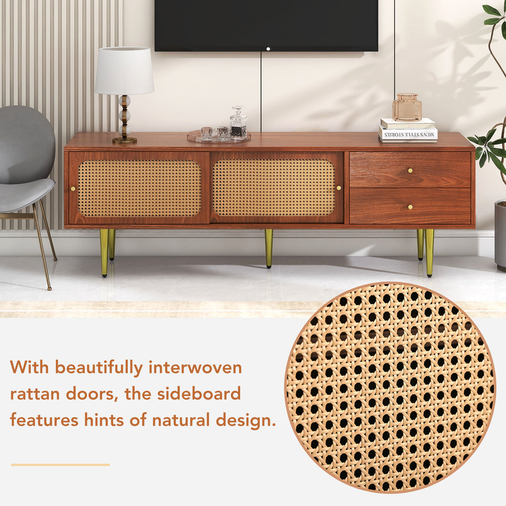 Stylish TV Stand With Rattan Sliding Doors And Practical Drawers, Walnut With Dark Plastic Rattan, 2 Drawers, 2 Rattan Sliding Doors, 4 Storage Compartments, 160x40x60cm.