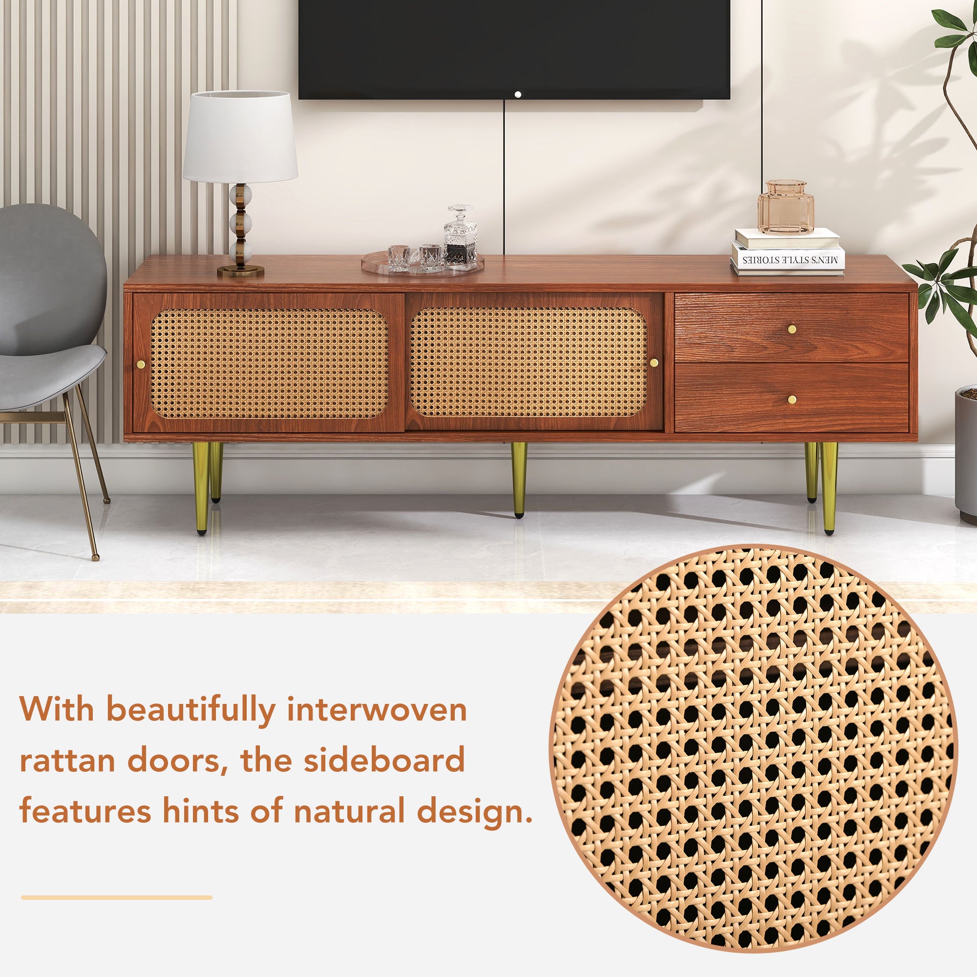 Stylish TV Stand With Rattan Sliding Doors And Practical Drawers, Walnut With Dark Plastic Rattan, 2 Drawers, 2 Rattan Sliding Doors, 4 Storage Compartments, 160x40x60cm.
