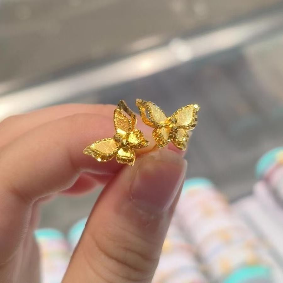 New Chinese Style Mirror Flower Butterfly Dream Sparkling Double Layer Butterfly Stud Earrings, Delicate Compact Gold High-End Temperament Ear Jewelry For Women