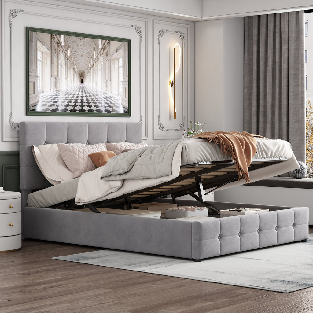 Upholstered Bed 140x200, Double Bed With Hydraulically Liftable Bed Storage Space, Height-adjustable Upholstered Headboard, Metal Slatted Frame, Skin-friendly Velvet Fabric Double Bed Youth Bed