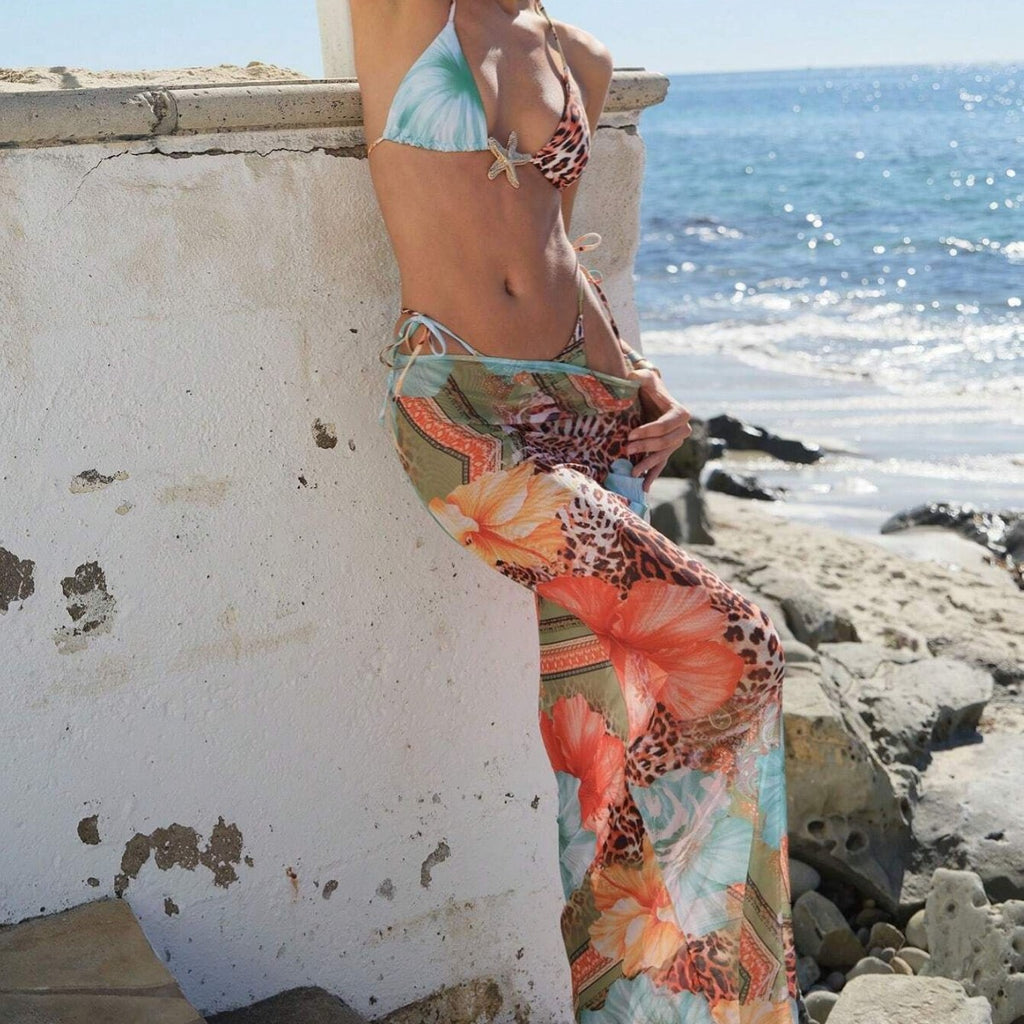 European And American-style Floral-print Triangle-bra Sexy Quick-drying Cover-up Maxi Dress Bikini Three-piece Set