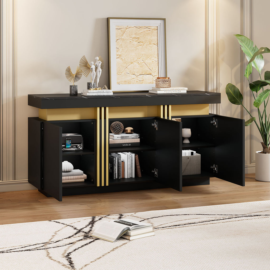 140x38x70cm Modern Black Sideboard Display, 3 Doors, Dining Room Cabinet With Adjustable Dividers, Perfect For Kitchen, Living Room, Dining Room, Hallway,Black And Gol, Wide Handleless Lockers