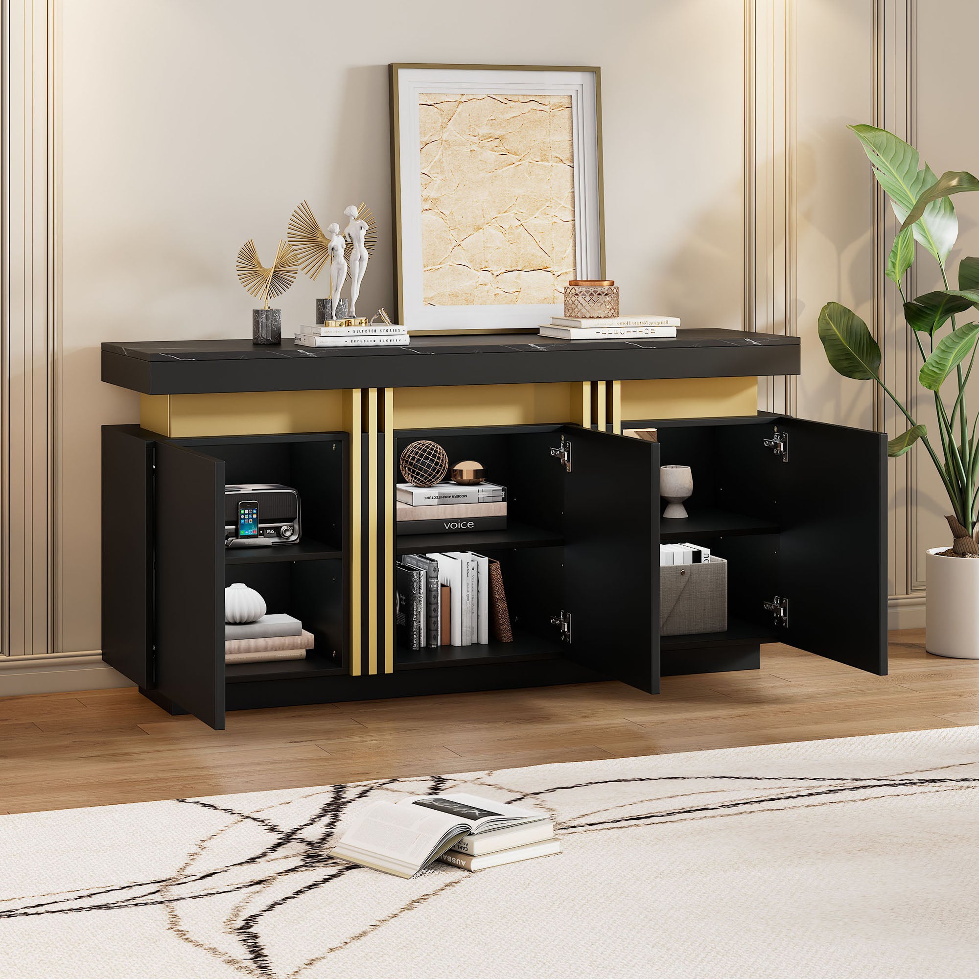 140x38x70cm Modern Black Sideboard Display, 3 Doors, Dining Room Cabinet With Adjustable Dividers, Perfect For Kitchen, Living Room, Dining Room, Hallway,Black And Gol, Wide Handleless Lockers