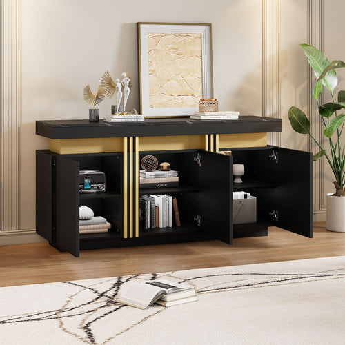 140x38x70cm Modern Black Sideboard Display, 3 Doors, Dining Room Cabinet With Adjustable Dividers, Perfect For Kitchen, Living Room, Dining Room, Hallway,Black And Gol, Wide Handleless Lockers