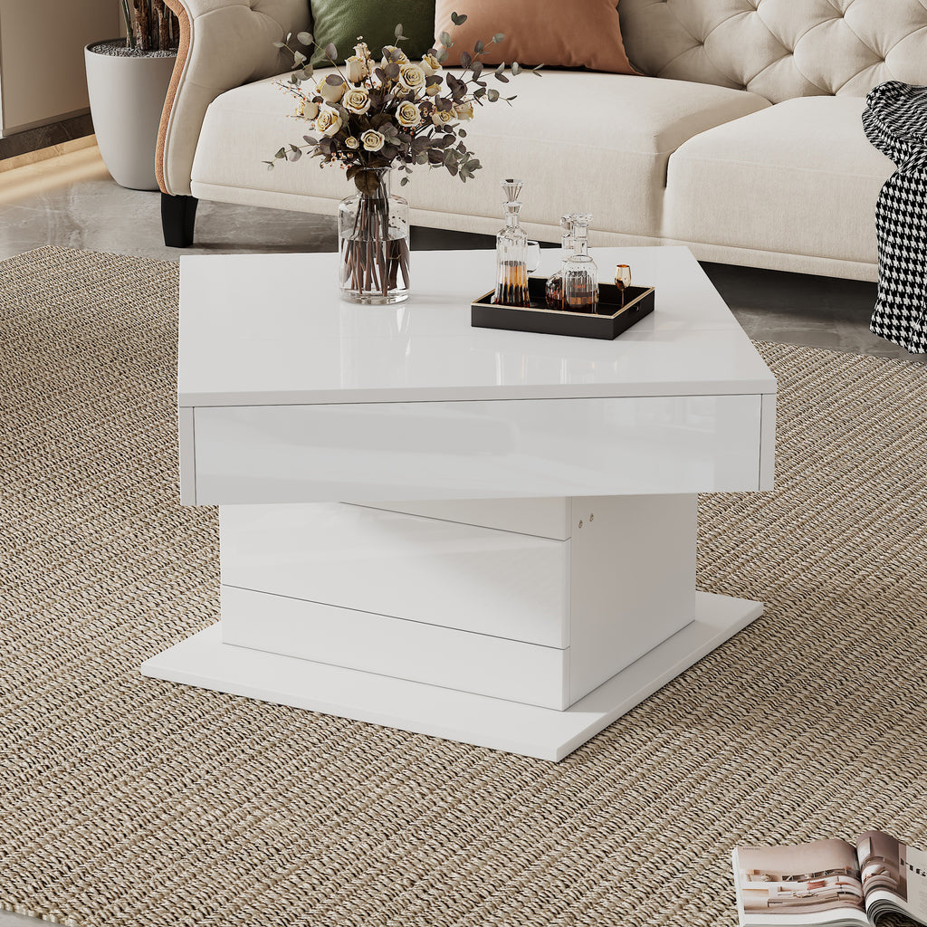 70X70X45cm Geometric Coffee Table, Top Table Top 360degree Free Swivel, Liftable Coffee Table With 1 Drawer, High Gloss Living Room Table With Hidden Storage, Sofa Table, Side Table, White