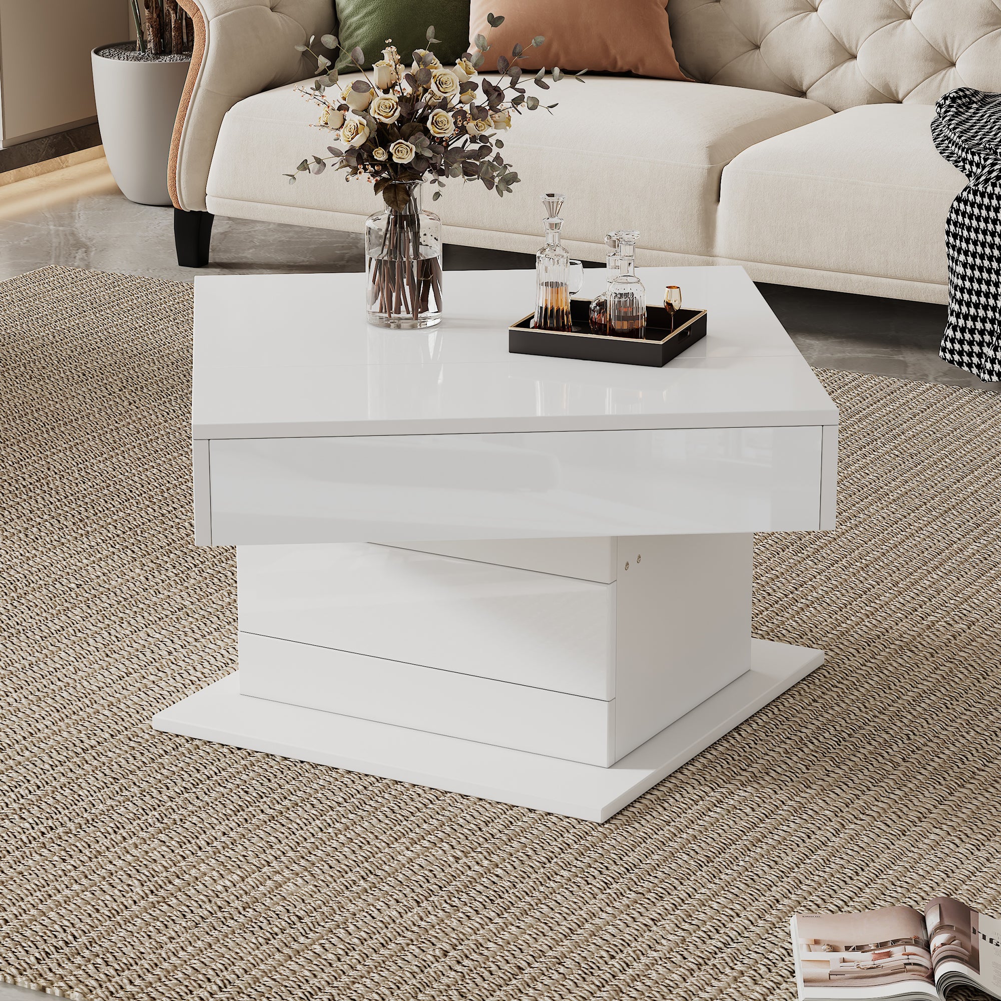 70X70X45cm Geometric Coffee Table, Top Table Top 360degree Free Swivel, Liftable Coffee Table With 1 Drawer, High Gloss Living Room Table With Hidden Storage, Sofa Table, Side Table, White