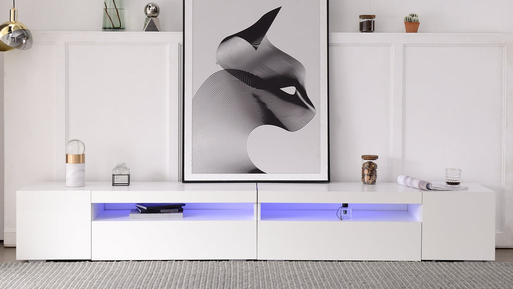 White Modern TV Cabinet, Bright Panel, Adjustable LED Lighting, Living And Dining Room 240cm Shiny Panel, Not High Gloss
