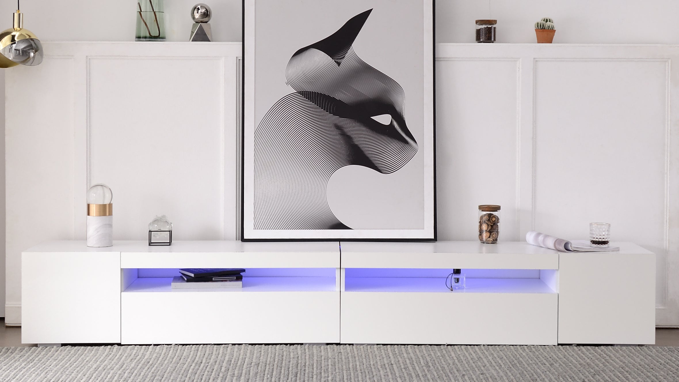 White Modern TV Cabinet, Bright Panel, Adjustable LED Lighting, Living And Dining Room 240cm Shiny Panel, Not High Gloss