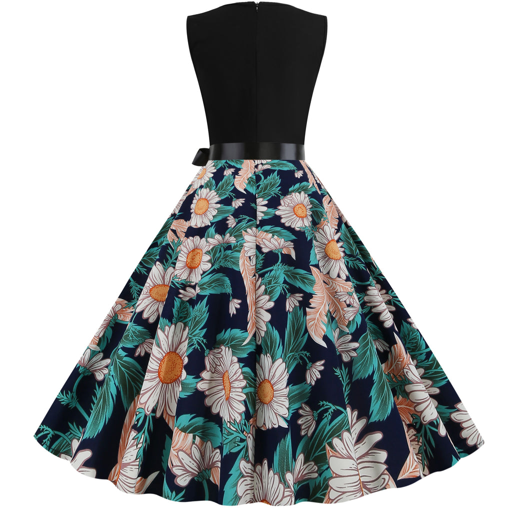 Sleeveless V-neck Smocked Digital-print Swing Dress