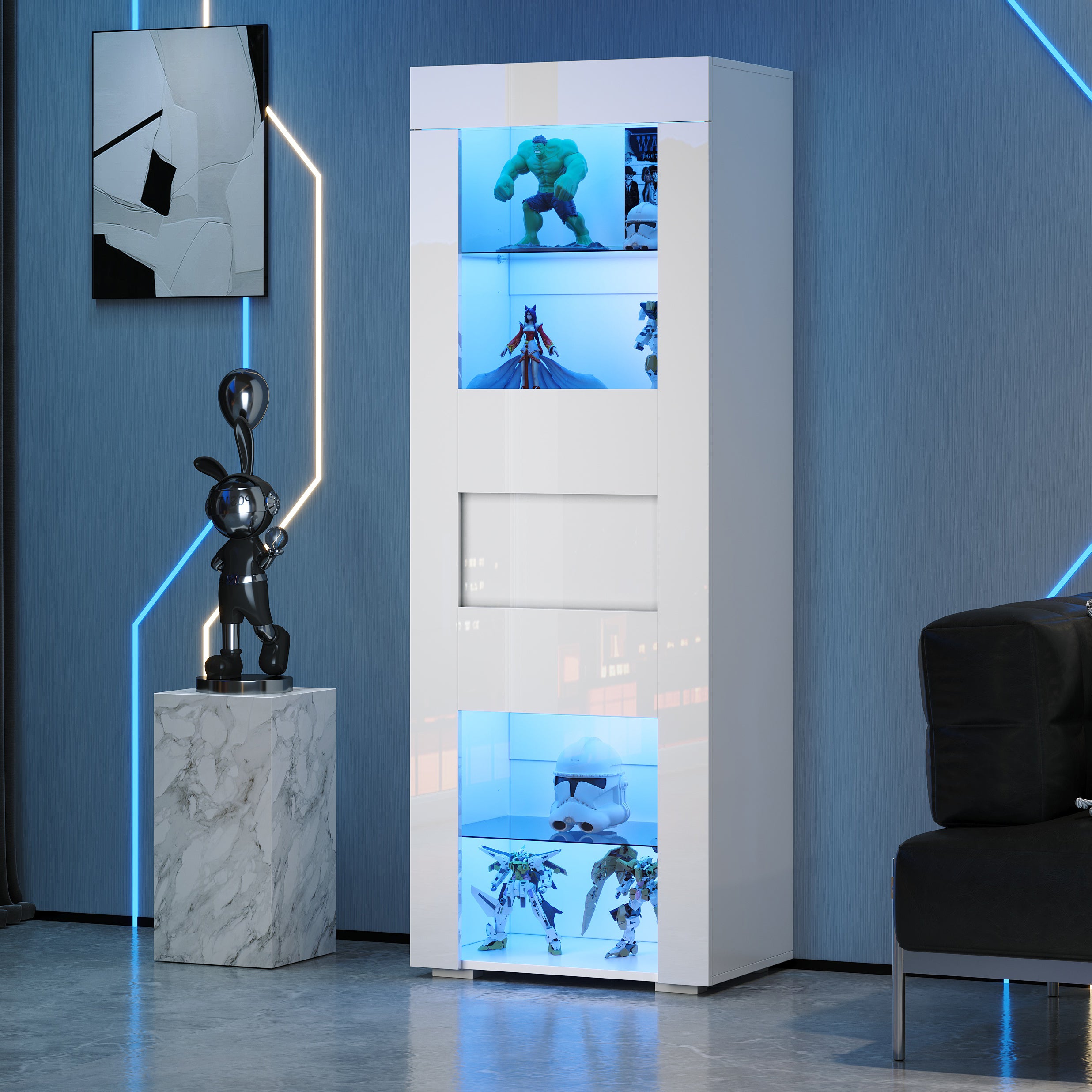 60X40X170cm Cabinet,Acrylic Cabinet Door, Display Cabinet High Gloss Storage Cabinet With LED Lighting, 2 Glass Shelves, Highboard, Living Room Cabinet, Storage Cabinet, Tall Cabinet, Sofa Cabinet,Whi