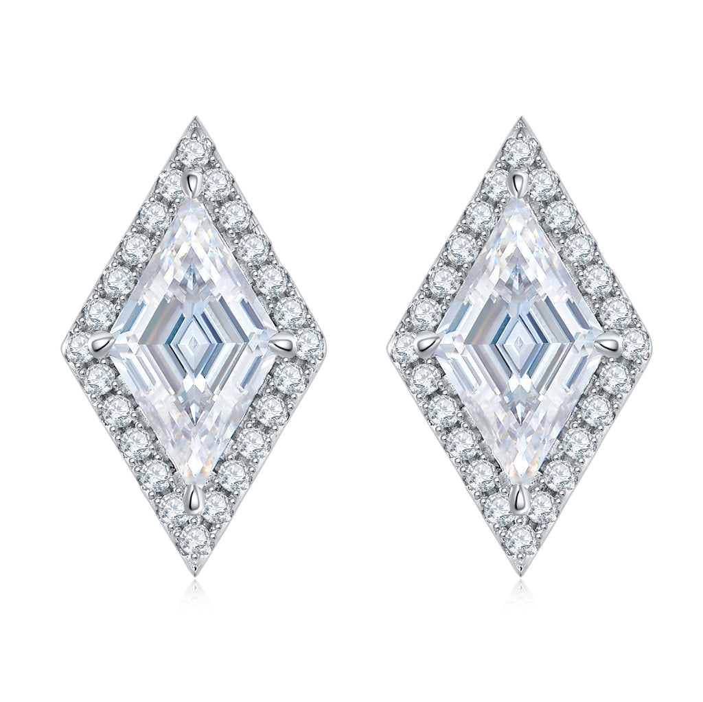 S925 Sterling Silver Kite Cut Halo Stud Earrings, 2Ct D-VVS1 Moissanite, Platinum Plated 2.5g Women's Jewelry Gift Box