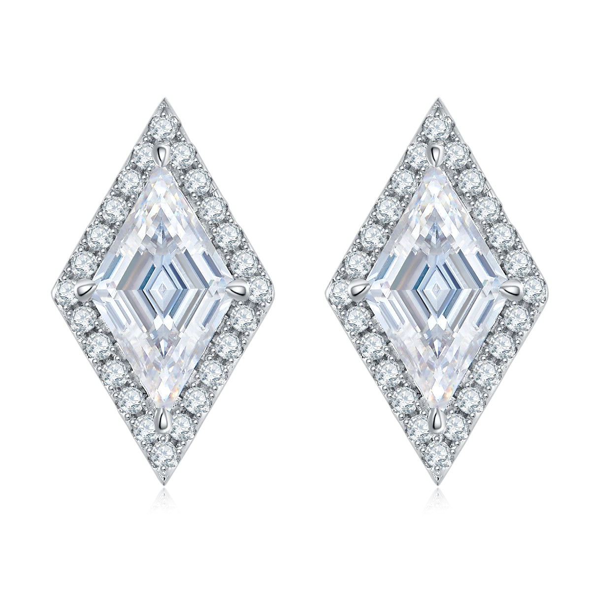S925 Sterling Silver Kite Cut Halo Stud Earrings, 2Ct D-VVS1 Moissanite, Platinum Plated 2.5g Women's Jewelry Gift Box
