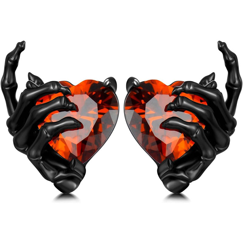 Retro Dark Series Ghost Hand Heart Shape With Diamond Ear Studs
