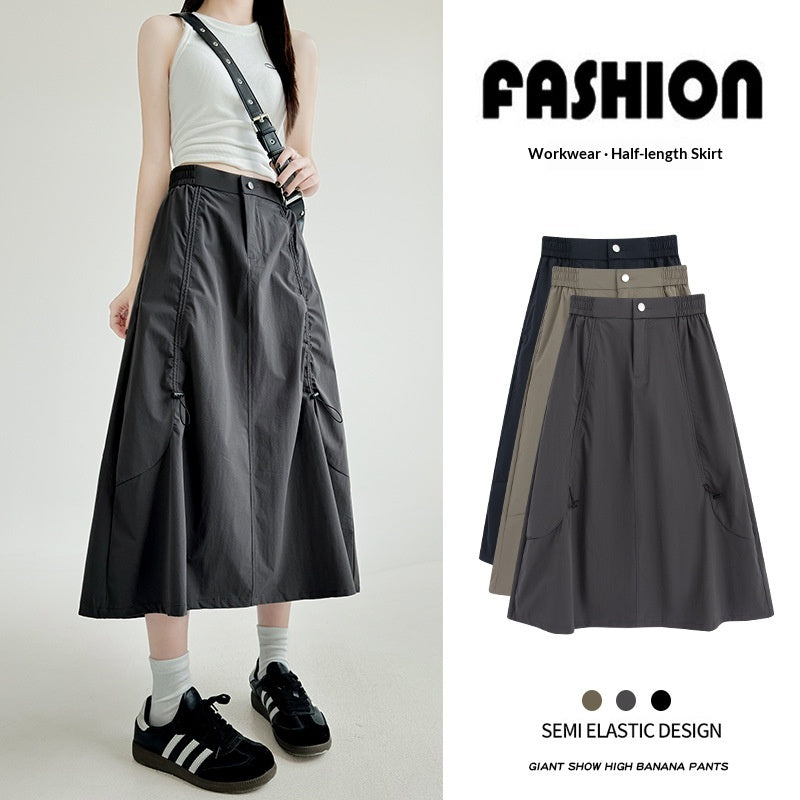 Gray American-style Drawstring Utility Skirt For Women Summer Season