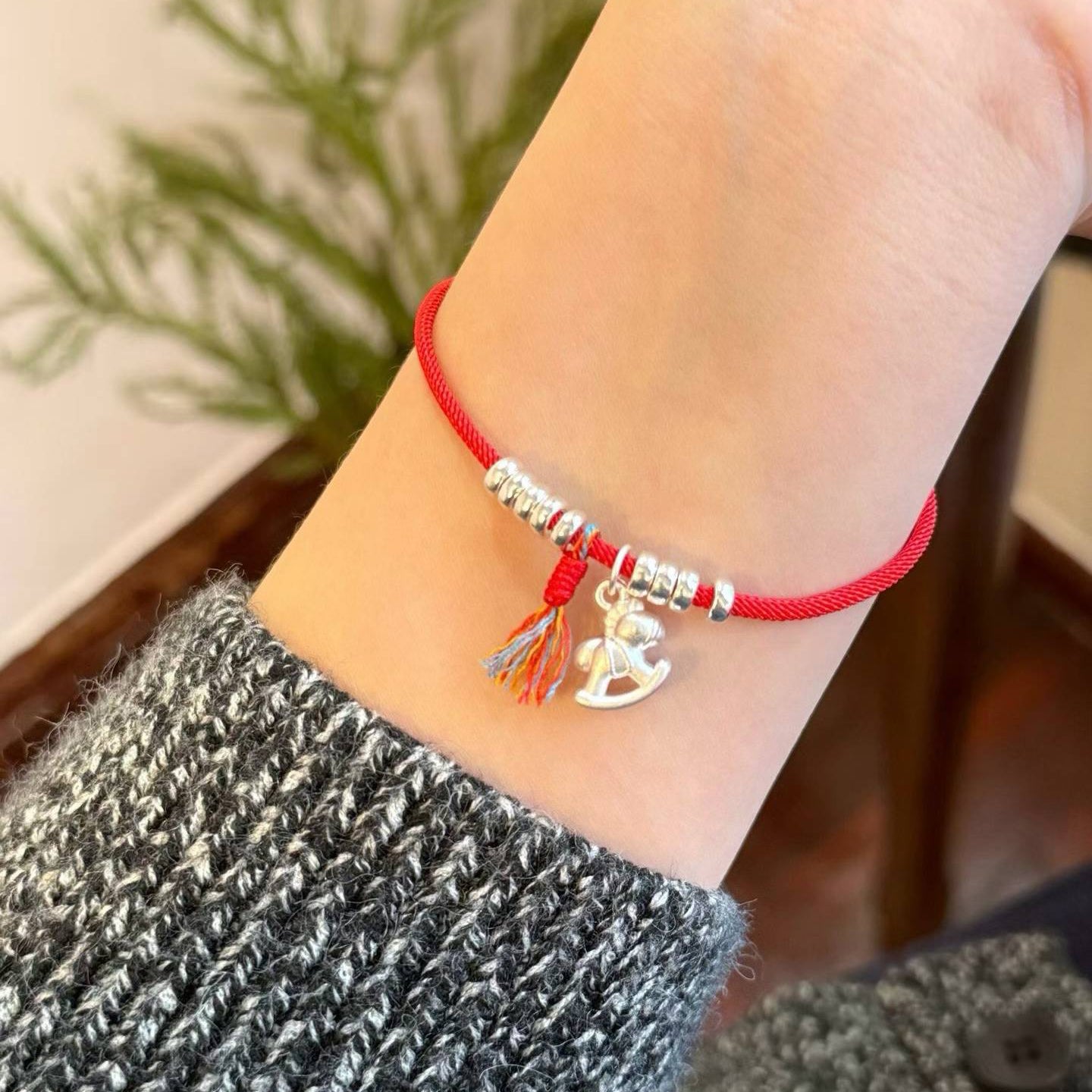 1pcs 999 Sterling Silver Bead Trojan Horse Tassel Red String Braided Bracelet, Festive Chinese Style, For Daily New Year Wear & Lucky Birthday Holiday Gifts