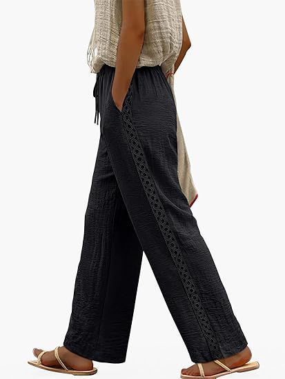 Womens Drawstring-waist Patchwork-lace Casual Loose-fitting Wide-leg Pants With Pockets