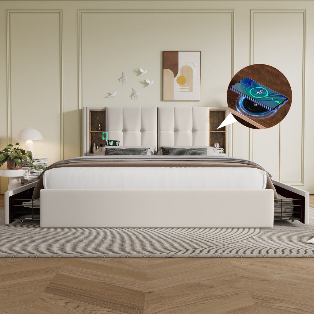 Double Bed With Wireless Charging USB C& 4 Drawers, Upholstered Bed Bed Frame 160x200cm, Slatted Base Made Of Wood-beige Velvet  Without Mattress