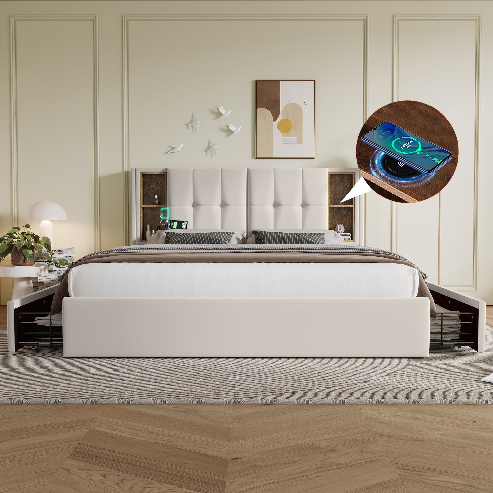 Double Bed With Wireless Charging USB C& 4 Drawers, Upholstered Bed Bed Frame 160x200cm, Slatted Base Made Of Wood-beige Velvet  Without Mattress