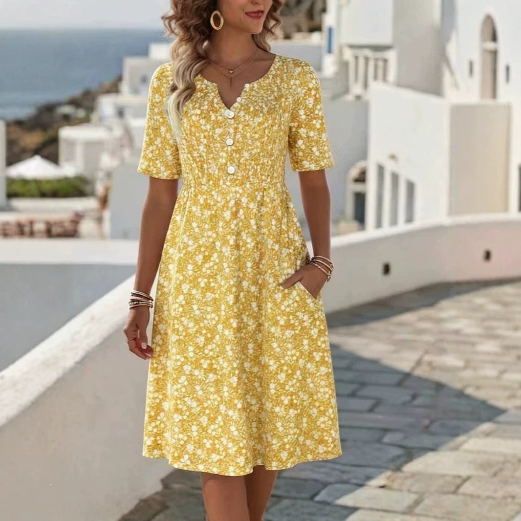 Womens Floral Print V-Neck Midi Dress With Short Sleeves