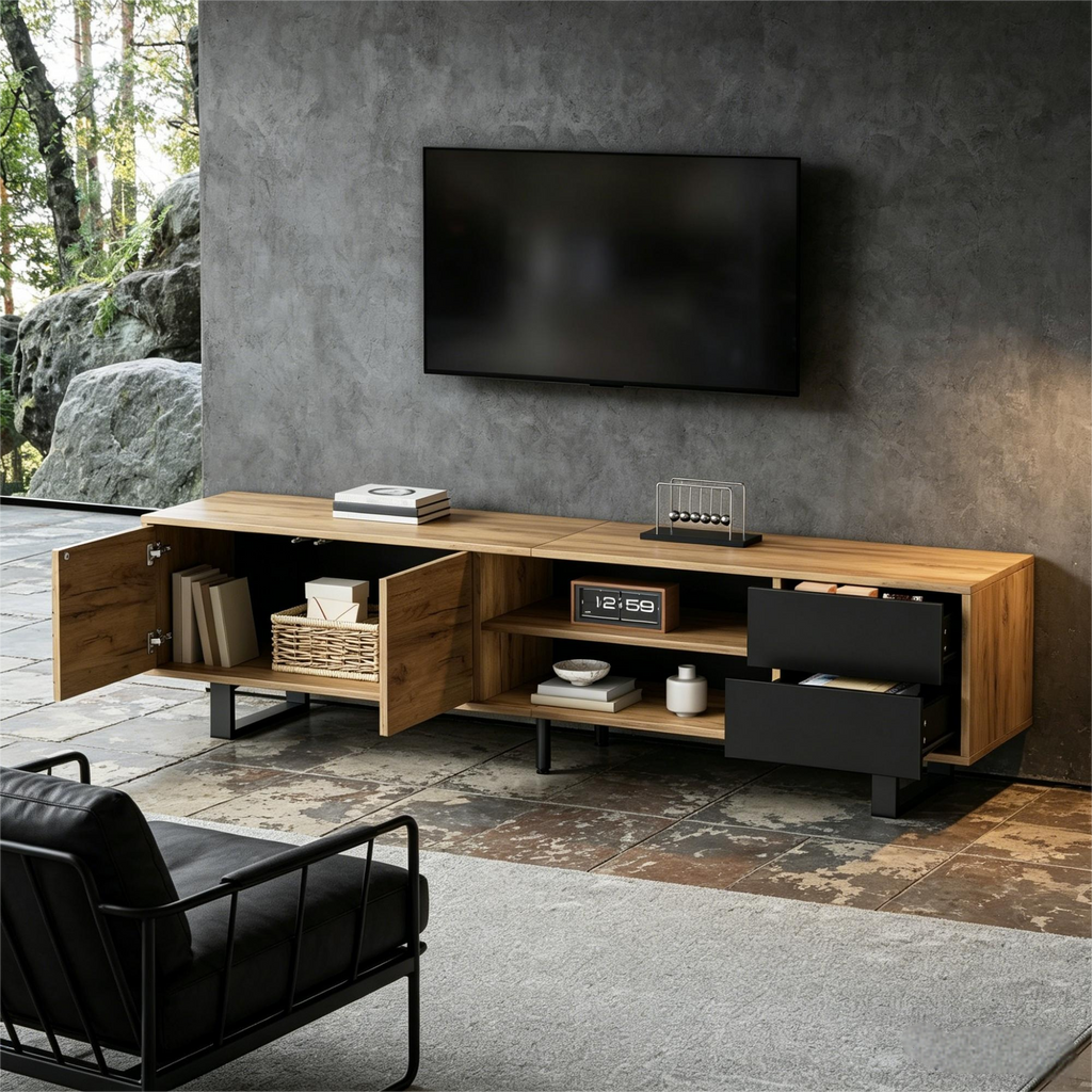 TV Cabinet With Metal Legs 180x40x50cm, Wood Look Lowboard For Living Room, Chipboard TV Cabinet, 30kg Loadable, With Two Drawers, Three-Layer Structure, Suitable For 75 Inch TV