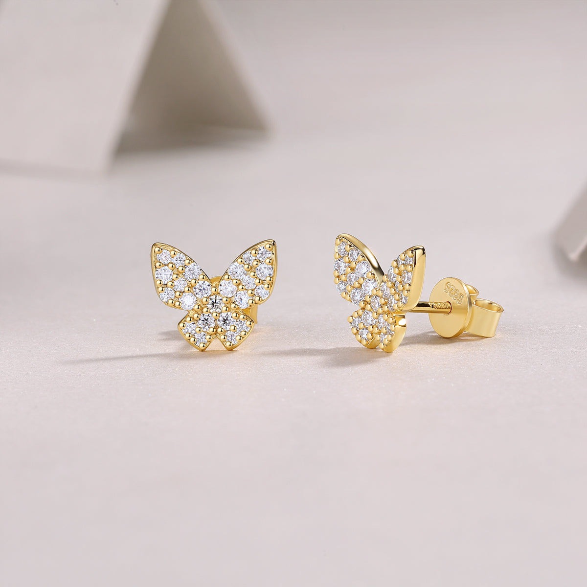 S925 Sterling Silver Gold Plated Butterfly Stud Earrings, D-VVS1 Moissanite Pave, 1.7g Women Jewelry Gift Box