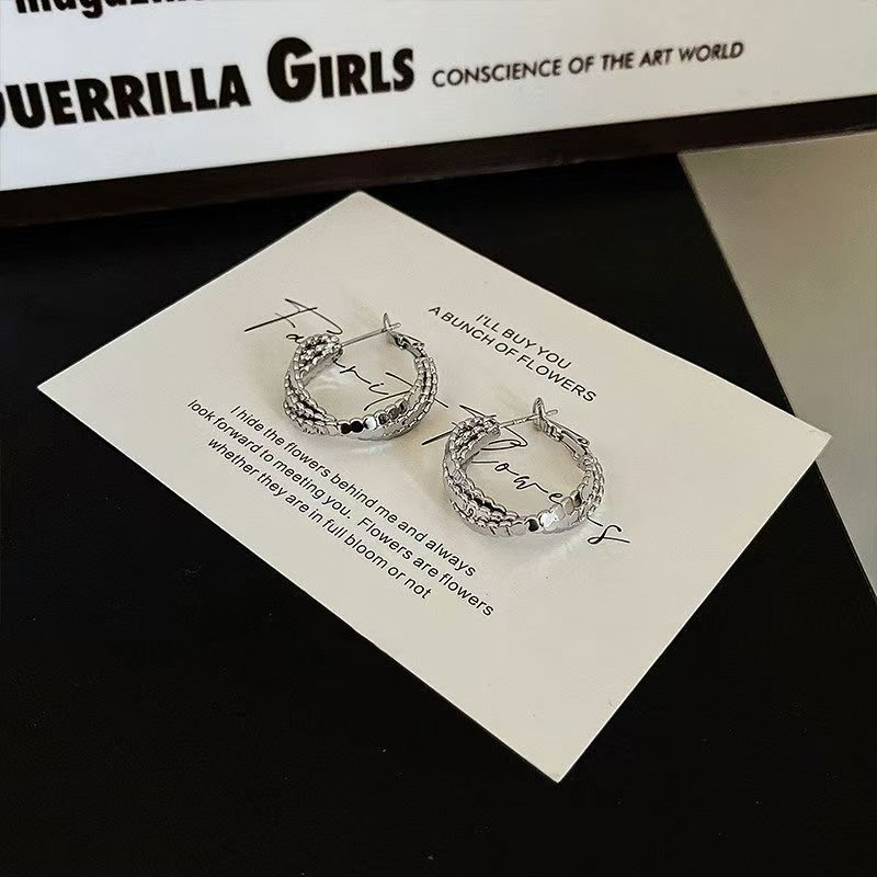 Silver Fish Scale Hoop Earrings, Niche Designer Style, Super Sparkly High-End Versatile Elegant Commute Ear Jewelry For Women