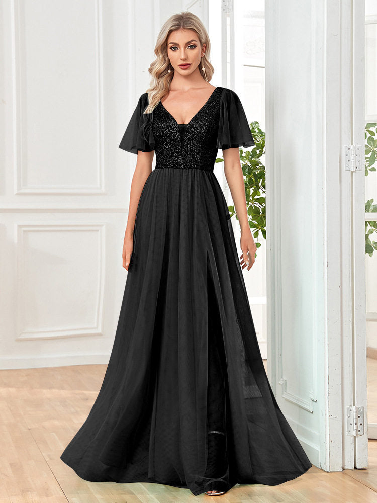 Womens Sexy V-neck Short-sleeve Long Dress
