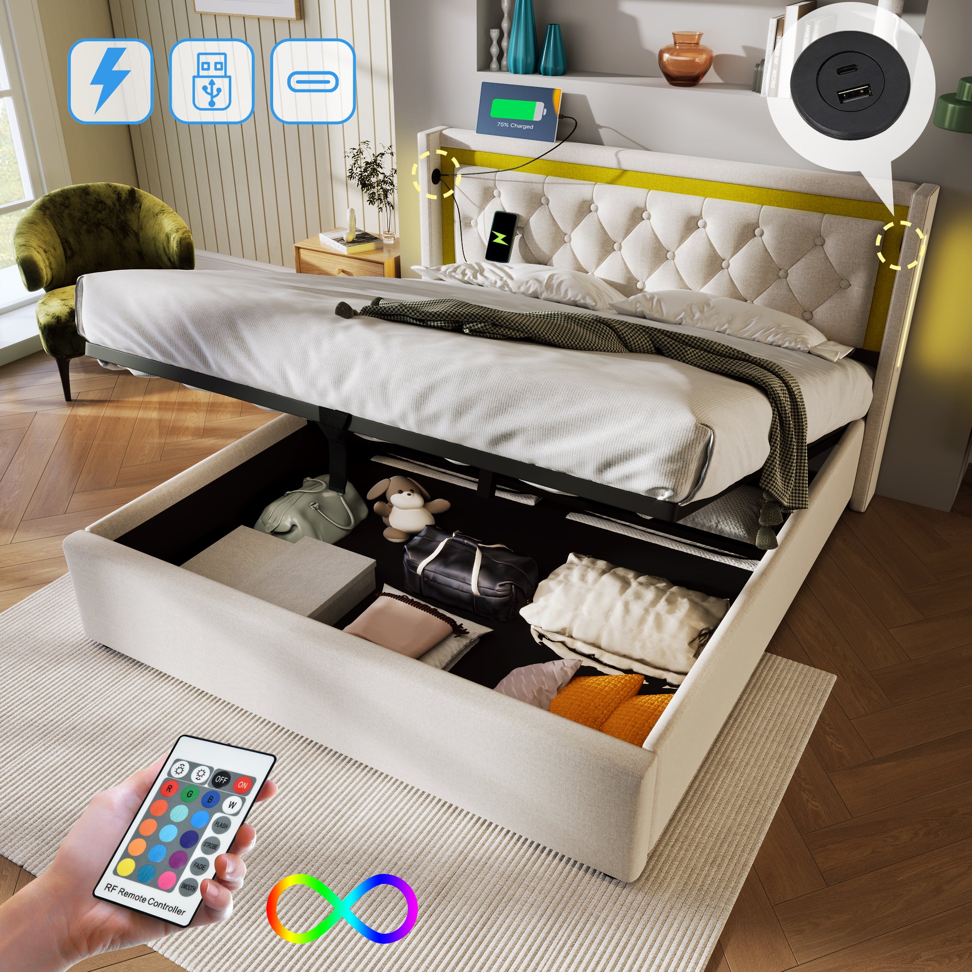 Upholstered Bed LED Double Bed Storage Bed Box With USB Type C Charging Function Headboard,Storage Beds Bed Frame Made Of Cotton Youth Bed 140x200 With Slatted Base  Without Mattress