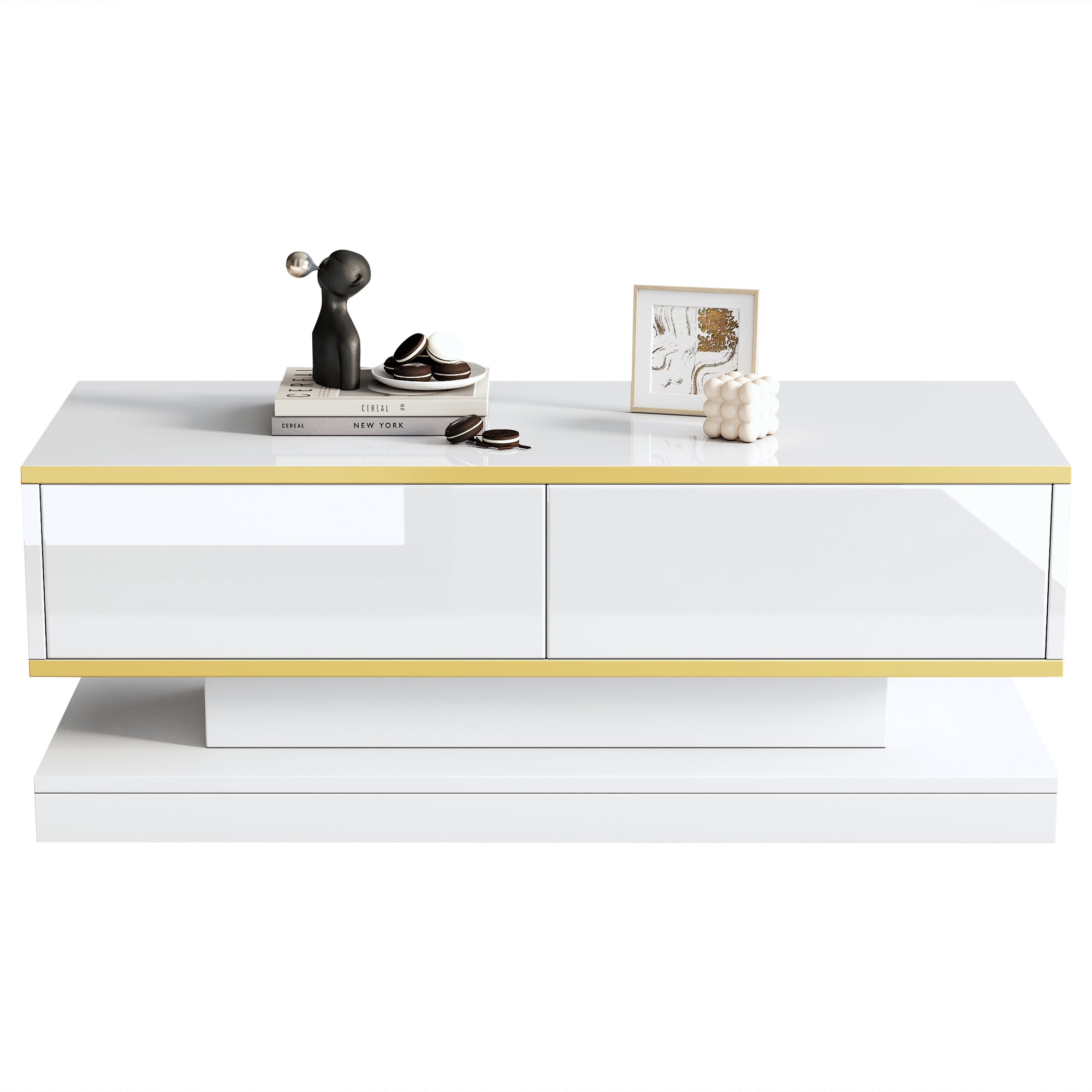 100X50X38cm High Gloss Coffee Table, Sofa Table With 2 Large Drawers, Unique Living Room Table, Warm White - Golden Edge Coffee Table, Side Table With Narrow Center And Wide Top And Bottom