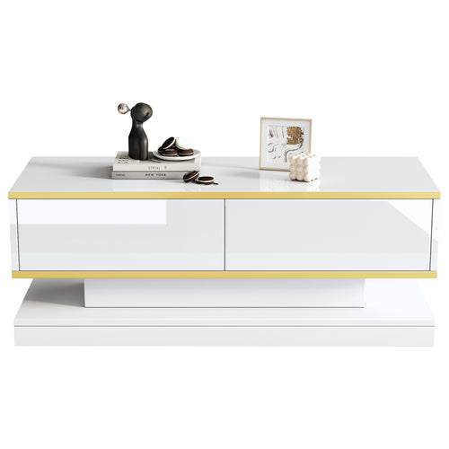 100X50X38cm High Gloss Coffee Table, Sofa Table With 2 Large Drawers, Unique Living Room Table, Warm White - Golden Edge Coffee Table, Side Table With Narrow Center And Wide Top And Bottom