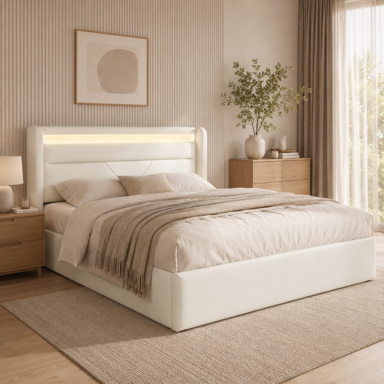 Hydraulic Storage Bed With LED Lighting Strip, Double Bed Bed Frame Upholstered Bed 160x200cm, Functional Bed, White  With Remote Control