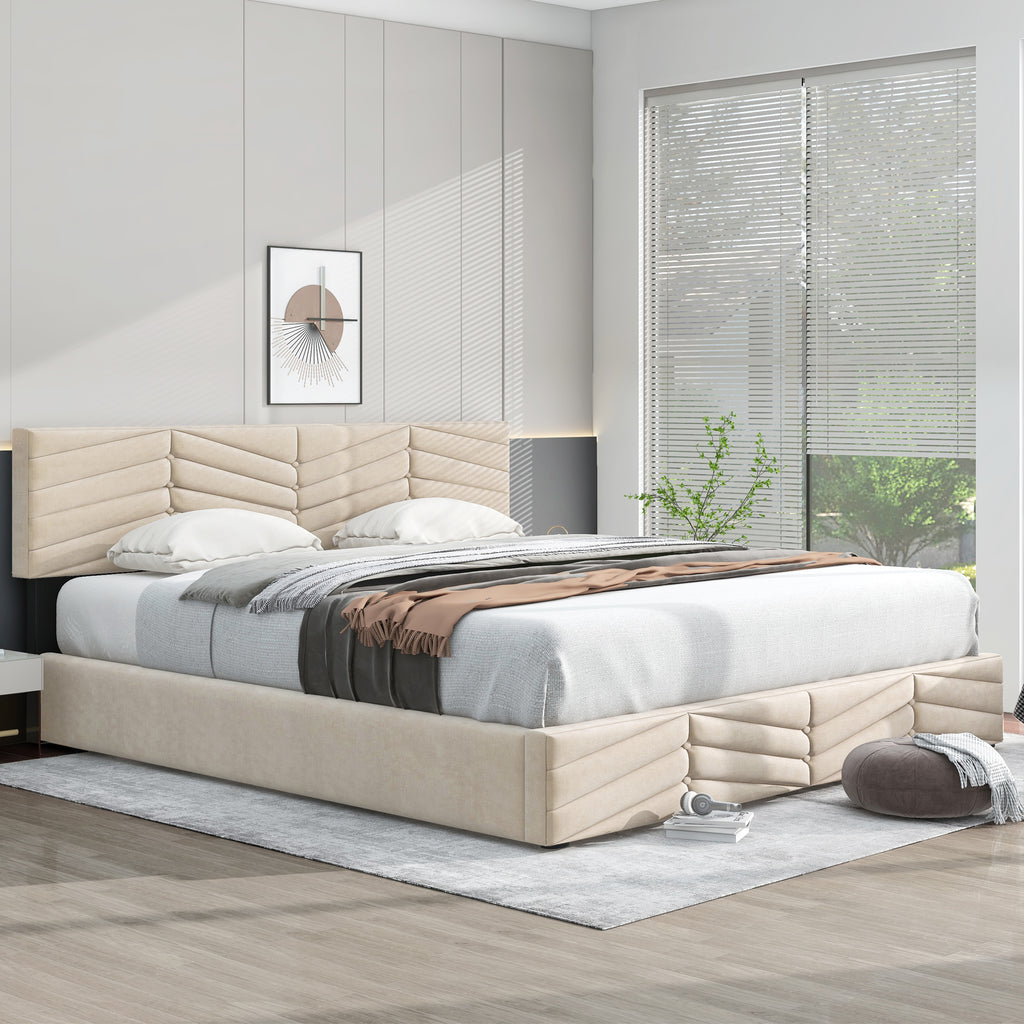 Upholstered Bed,Double Bed,Hydraulic Function Bed,Velvet,Stripe Style,Continental Bed,Height Adjustable Headboard,180 X 200,Beige