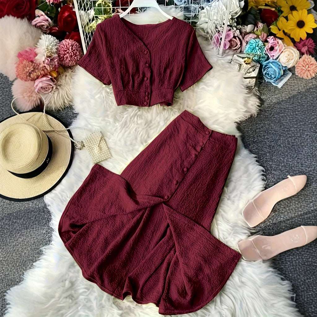 V-neck Single-breasted Short-sleeve Top And High-waisted Wide-leg Pants With Side Slits