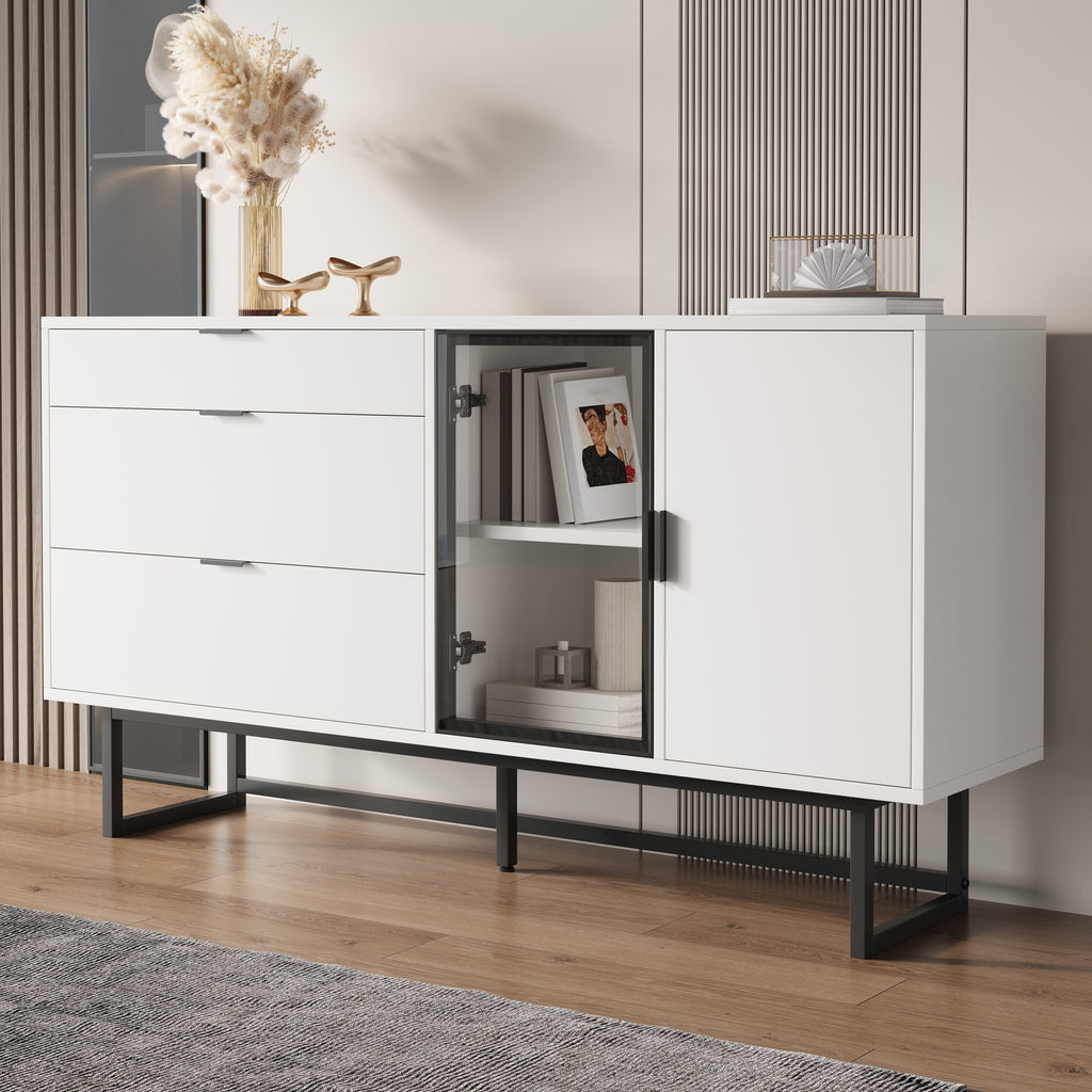 White Sideboard, Display Cabinet, Storage Cabinet, Modern Luxury Dining Cabinet, Three Drawers, Glass Doors, With LED Light Bar