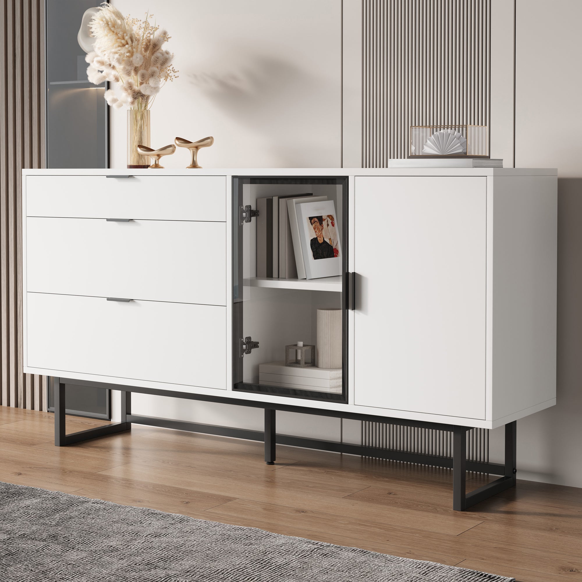 White Sideboard, Display Cabinet, Storage Cabinet, Modern Luxury Dining Cabinet, Three Drawers, Glass Doors, With LED Light Bar