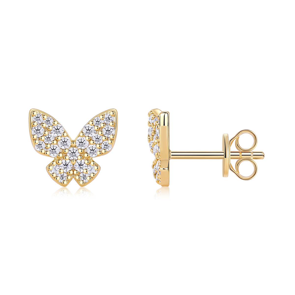 S925 Sterling Silver Gold Plated Butterfly Stud Earrings, D-VVS1 Moissanite Pave, 1.7g Women Jewelry Gift Box