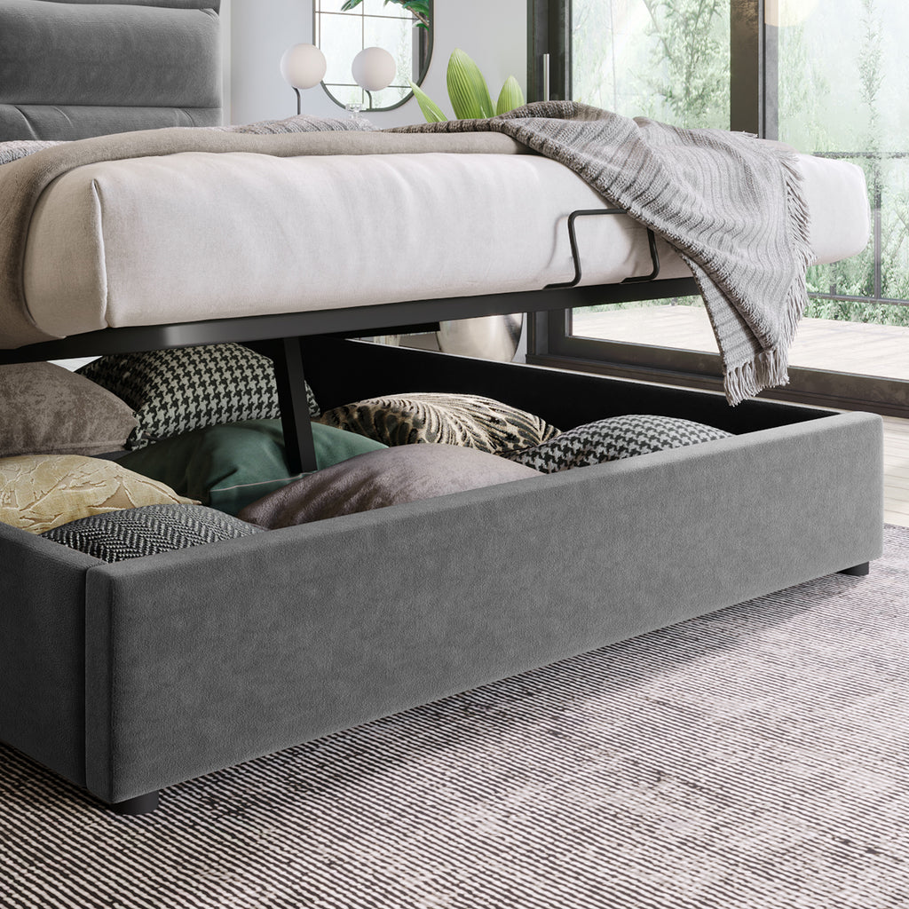 Hydraulic Double Bed Upholstered Bed 140x200cm,Adjustable Headboard, Bed With Metal Frame In Metal Frame, Velvet, Modern Bed Frame With Storage Space, Large Storage Space, Grey Without Mattress