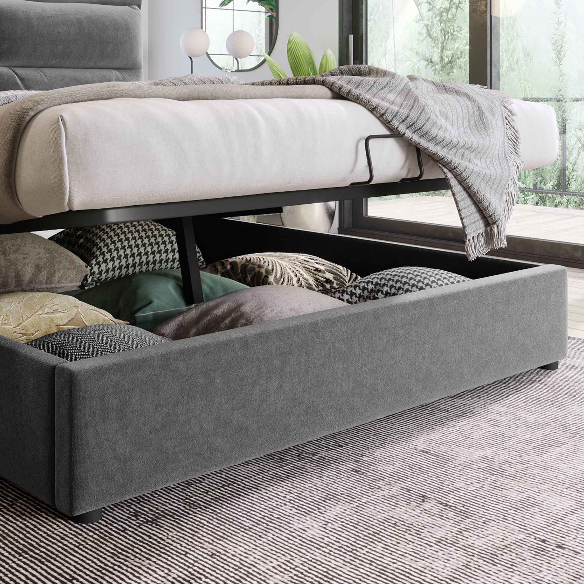 Hydraulic Double Bed Upholstered Bed 140x200cm,Adjustable Headboard, Bed With Metal Frame In Metal Frame, Velvet, Modern Bed Frame With Storage Space, Large Storage Space, Grey Without Mattress