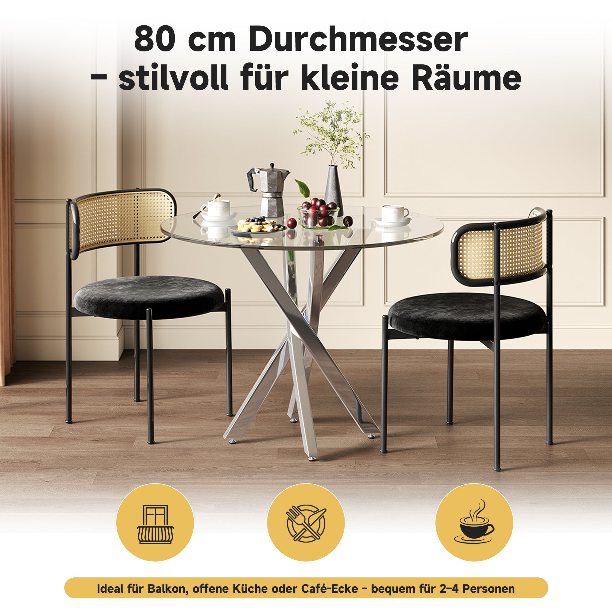 Dining Table Set Including Dining Table And 2 Chairs 80x80x75 Tabletop Made Of Tempered Glass, Modern Dining Table, Galvanized Table Legs, Coffee Table, Black Dining Chairs, Silver Table Legs