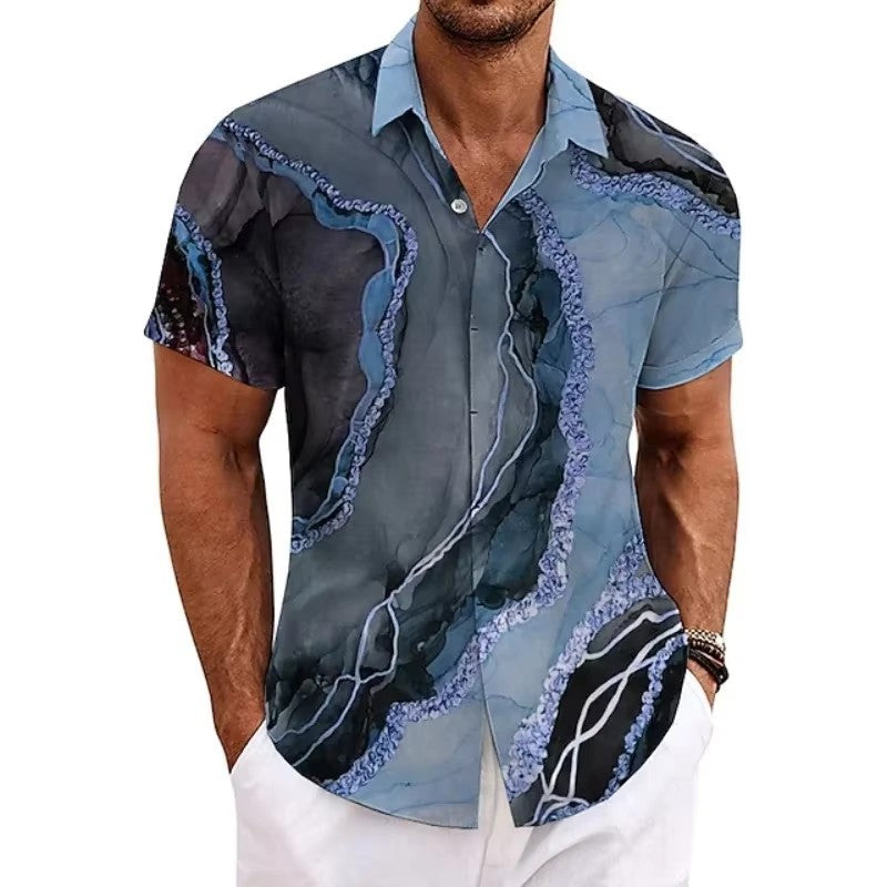 European-size Mens Casual Slim-fit Beach 3D-printed Short-sleeve Shirt