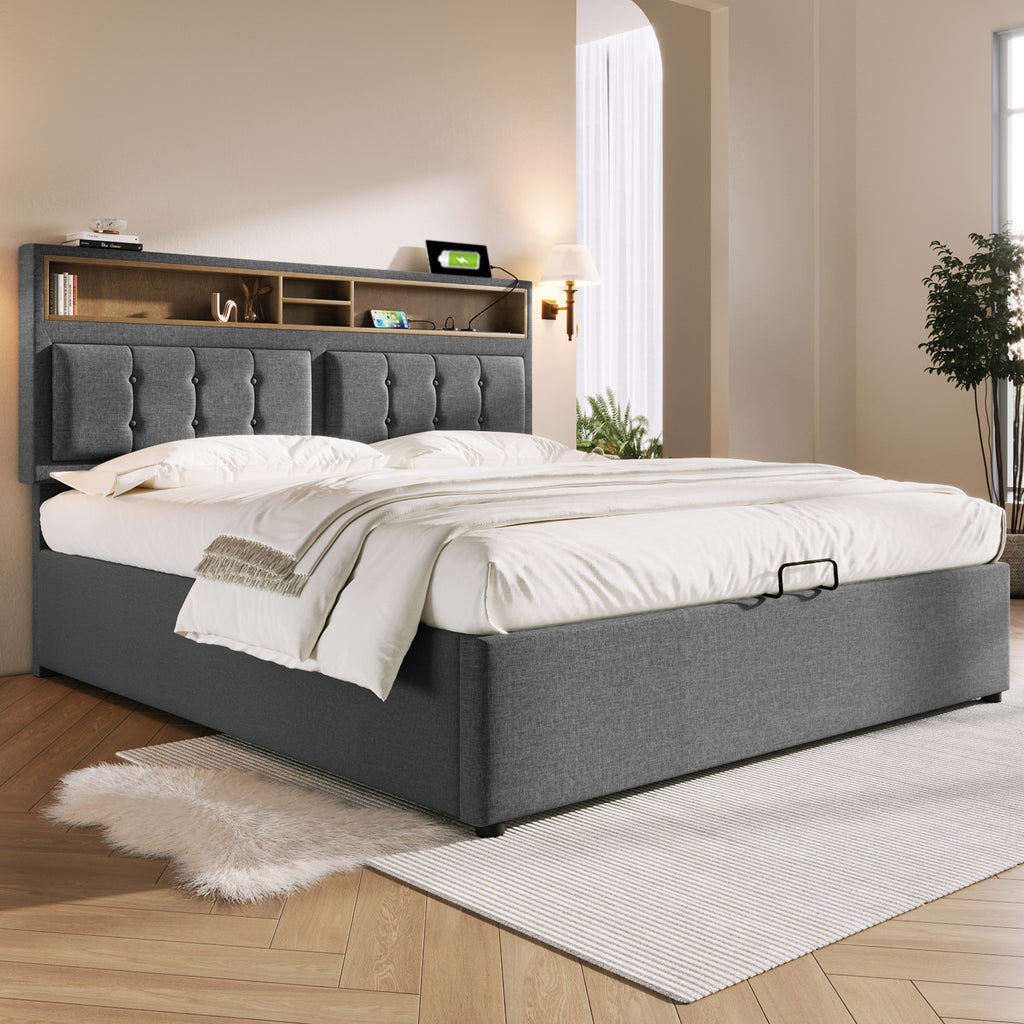 Sofa Bed With USB C Charging Socket, Storage Bed Frame Made Of Linen Material, Youth Bed 160X200 Without Mattress.