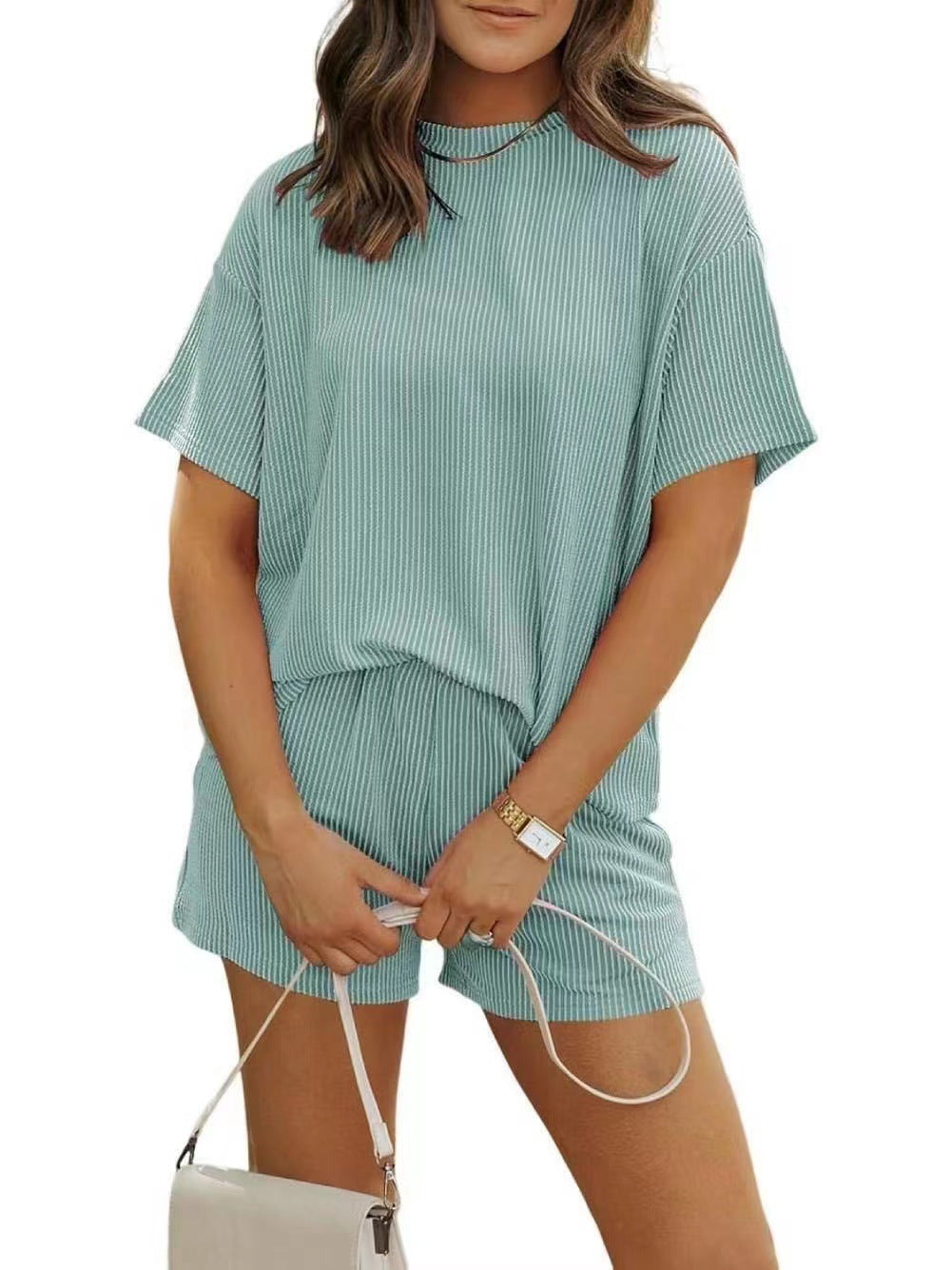 Summer Casual Chic Striped New Round-neck Womens Outfit Set