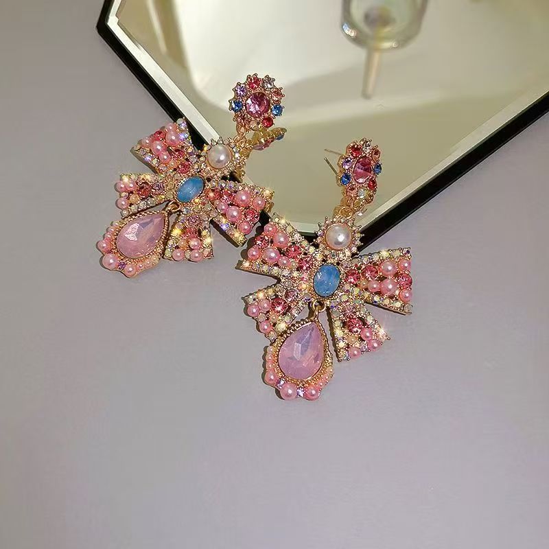 Pearl & Rhinestone Bow Floral Teardrop Stud Earrings For Women, French Retro  Style Elegant Dainty Ear Jewelry